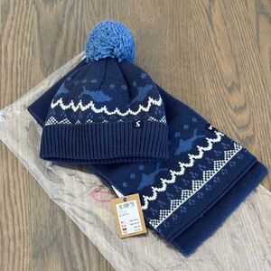 Joules Navy and White Knit Hat and Scarf Set